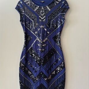 Express Blue and Black Sequin Mini Dress